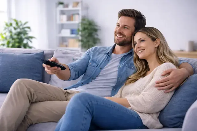 A family watching AllTimeIPTV on the living-room television