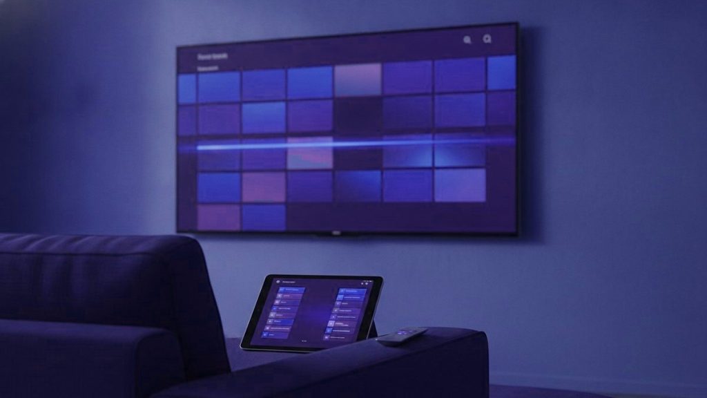 A TV showing a programme guide grid with a tablet and phone showing channel lists on a sofa