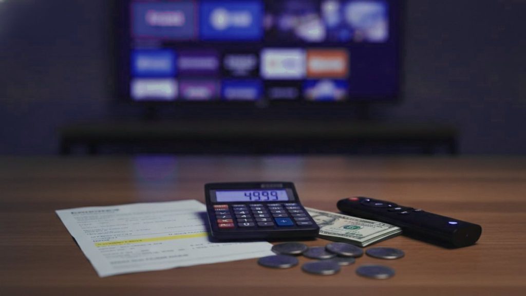 A calculator, dollar bills, coins, a streaming stick and a remote on a table in front of a TV